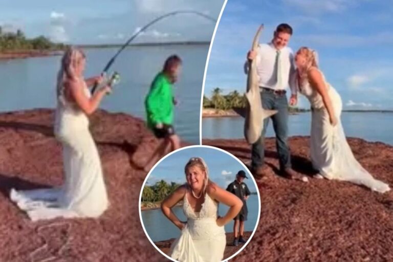 Bride catches shark while taking wedding photos at